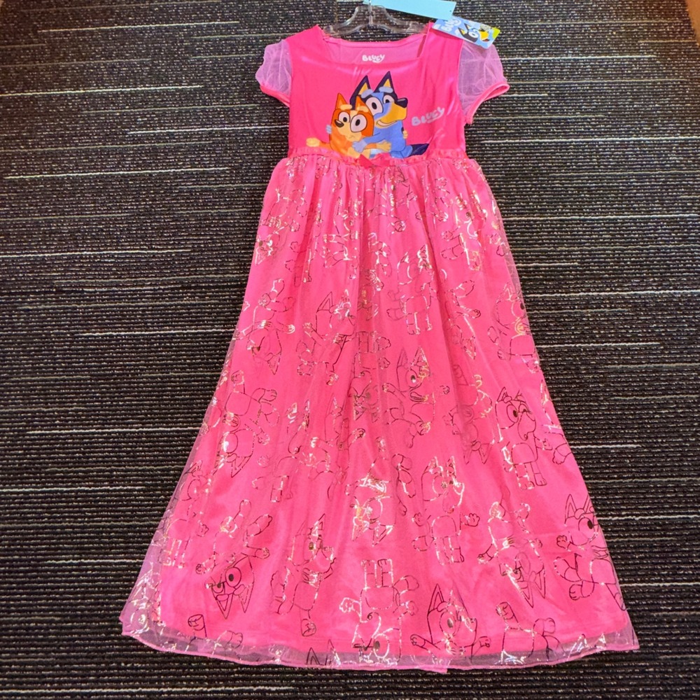 Bluey Nightgown Girls Size 10/12 Pink NEW Character Sleepwear Mesh Foil Gown